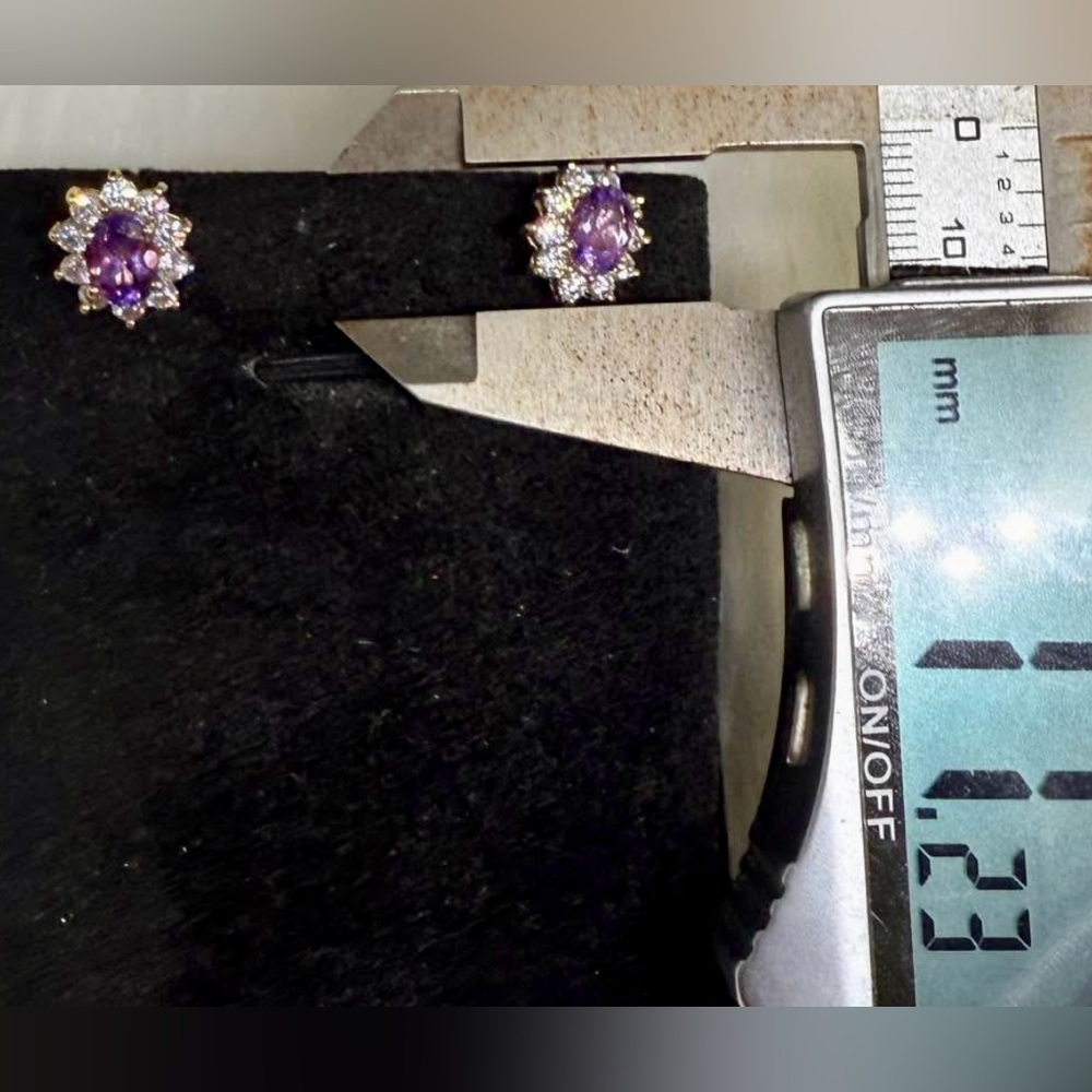 New 10K Solid Real Gold sunburst diamond cz purple gemstone earrings studs - Picture 7 of 7